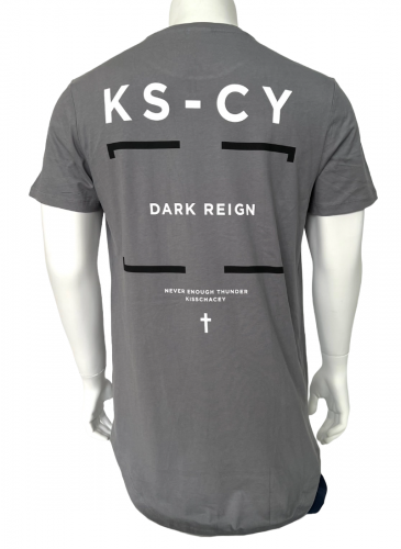 Серая мужская футболка K S C Y с черно-белым принтом   №582