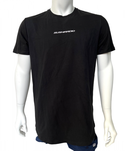 Черная мужская футболка Sushi Radio с белым геометрическим принтом на спине  №614