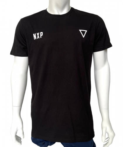 Черная мужская футболка NXP с голубым треугольником на спине  №578