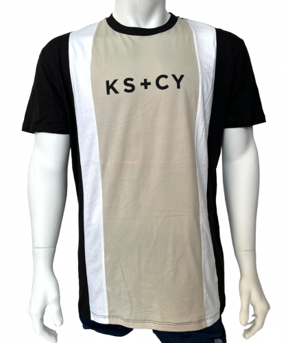 Мужская черная футболка K S C Y с бело-бежевой вставкой  №557