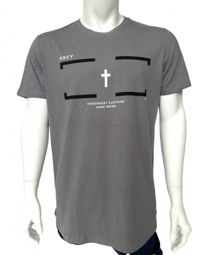 Серая мужская футболка K S C Y с черно-белым принтом   №582