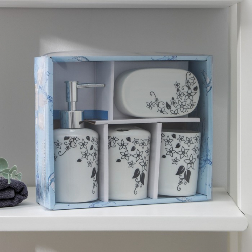 Набор аксессуаров для ванной комнаты, 4 предмета (мыльница, дозатор для мыла, 2 стакана)