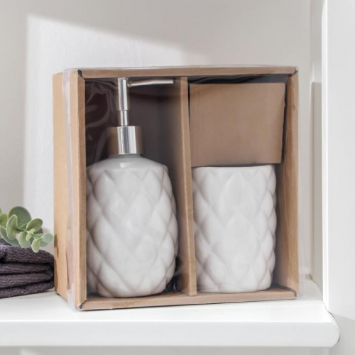 Набор аксессуаров для ванной комнаты «Ромбус», 2 предмета (дозатор для мыла, стакан), цвет белый