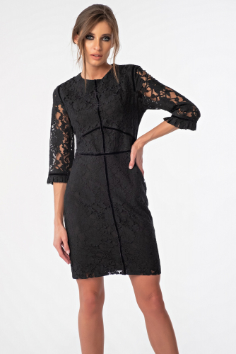 Платье кружевное приталенное короткое с рукавами черное