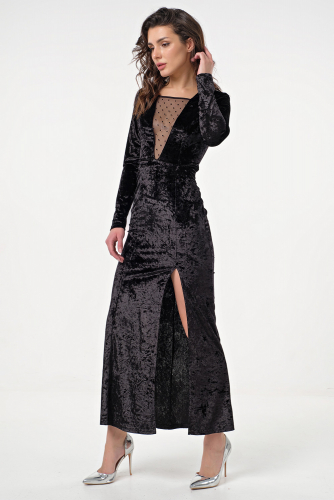 Платье вечернее бархатное длинное с сетчатой вставкой черное