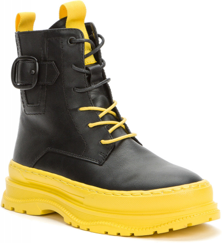528109/10-03 черный/желтый иск.кожа/текстиль детские (для девочек) ботинки (О-З 2022)
