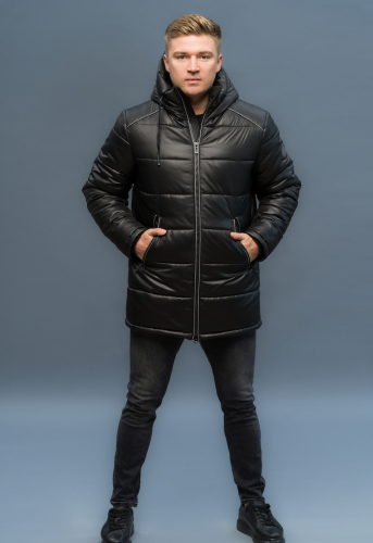 Куртка зимняя удлиненная чёрная с серым кантом