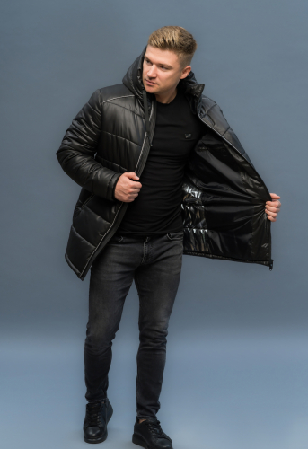 Куртка зимняя удлиненная чёрная с серым кантом