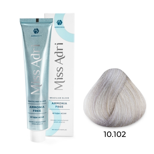 Крем-краска для волос ADRICOCO Miss Adri Brazilian Elixir Ammonia free 10.102 Платиновый блонд пепельный жемчужный 100мл
