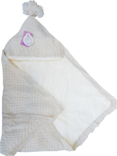 Конверт-одеяло вязаный полушерстяной с подкладкой велсофт экрю 100*100 3-6мес 6214