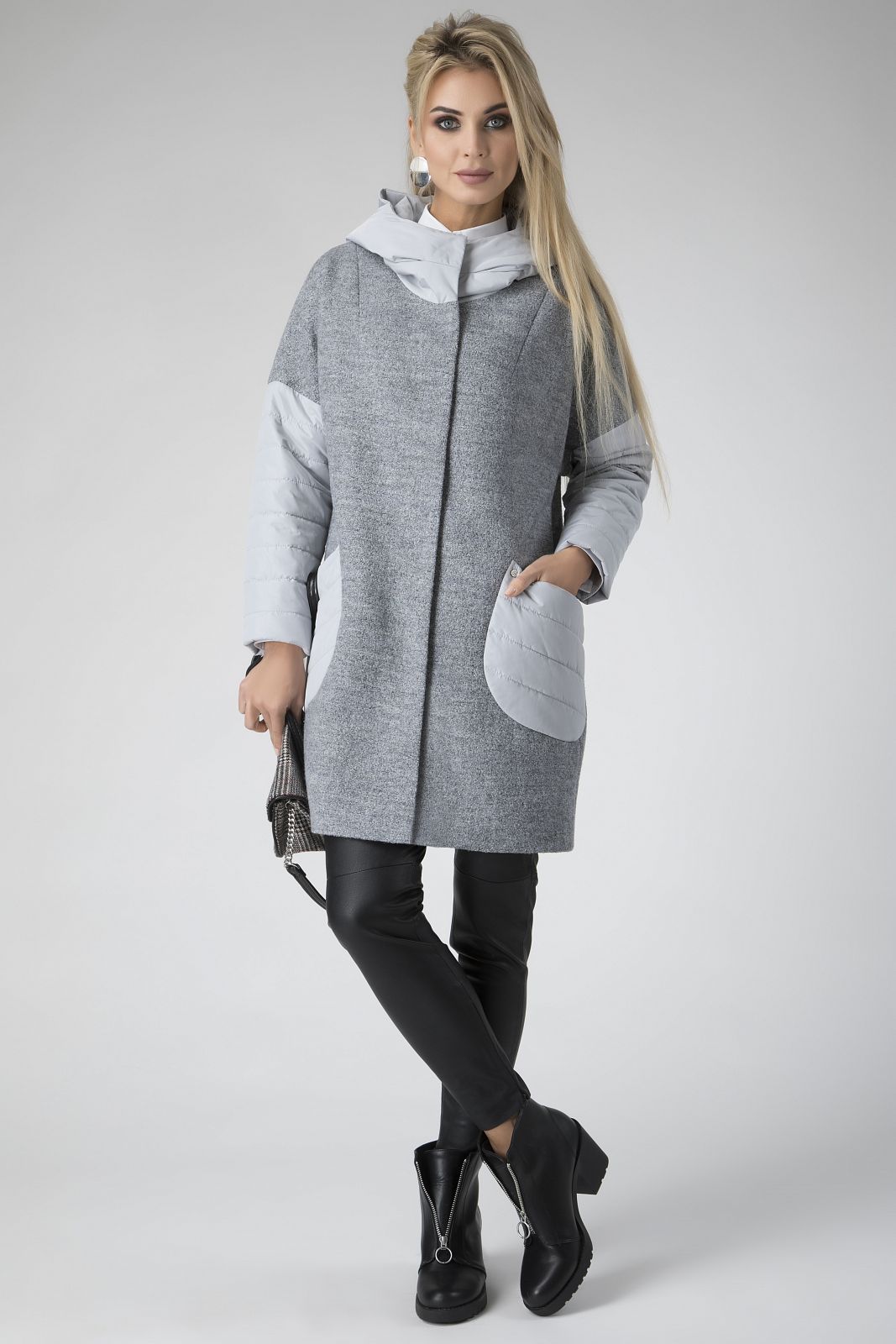 Комбинированный капюшон. Пальто зима Electrastyle. Electrastyle пальто зима 2021. Комбинированное пальто. Женское пальто комбинированное с трикотажем.