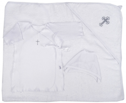 Крестильный набор д/мальчика 3пр.(полотенце д/крещения+рубашка+чепчик краше) белый р.20-62 31-5023