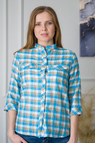Рубашка женская со стойкой голубая клетка