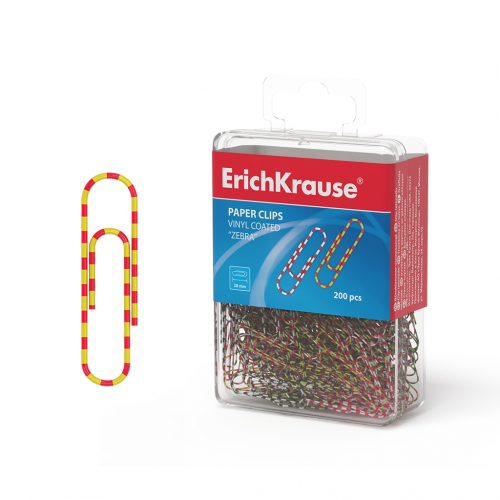 Скрепки металлические с виниловым покрытием ErichKrause® Zebra цветные, 28мм (пластиковая коробка 200 шт.)