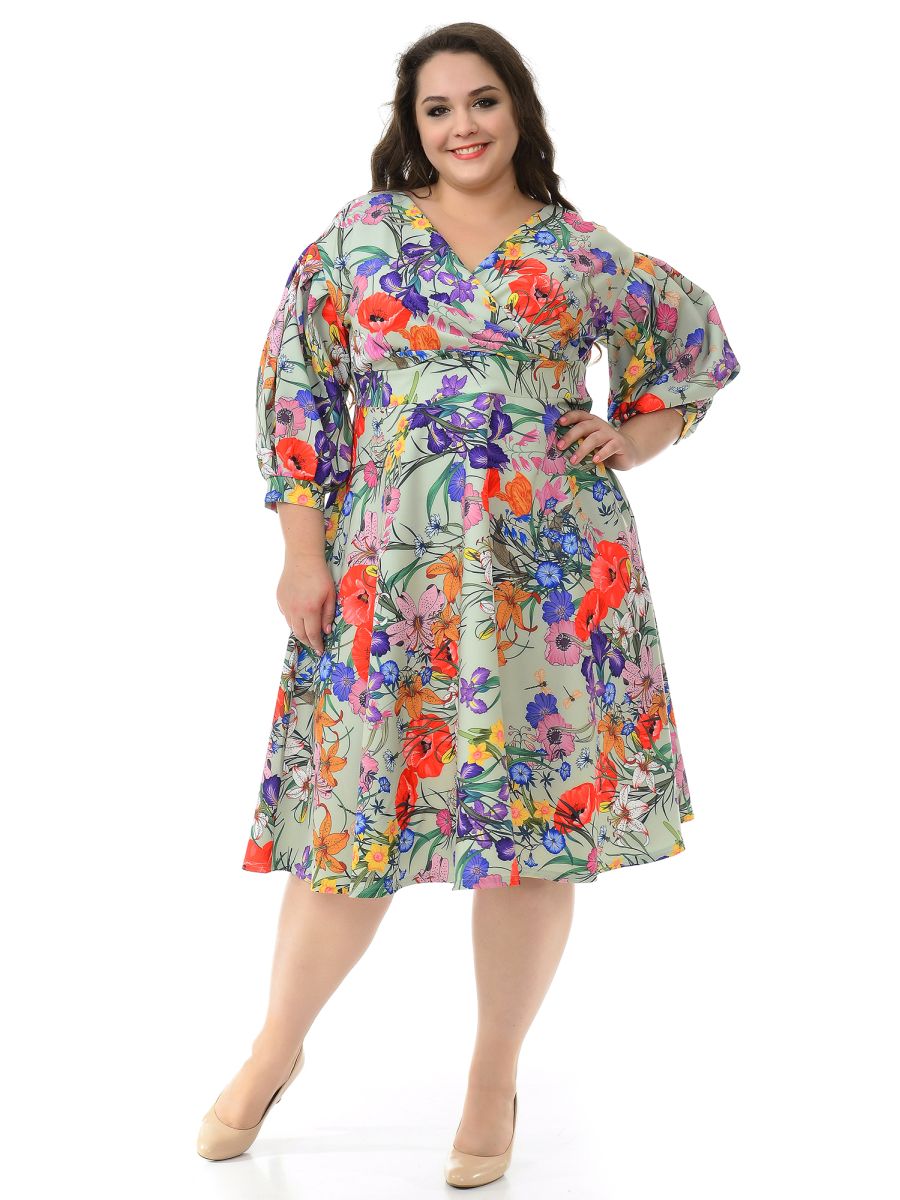 Платье с драпировкой и пышной юбкой, принт ментоловый