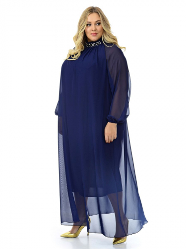 Платье вечернее с воротником стойка, шифон темно-синий