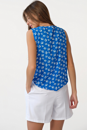 Блузка летняя без рукавов из хлопка с цветочным принтом на синем