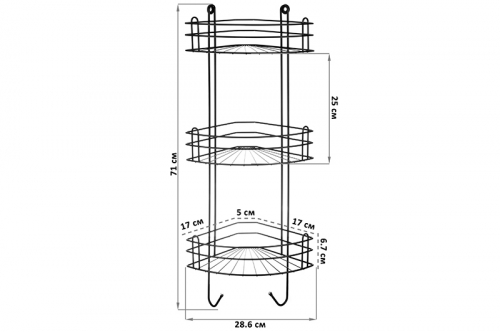 Полка для ванной угловая 3-х ярусная с крючками 28,6*18*71 см 