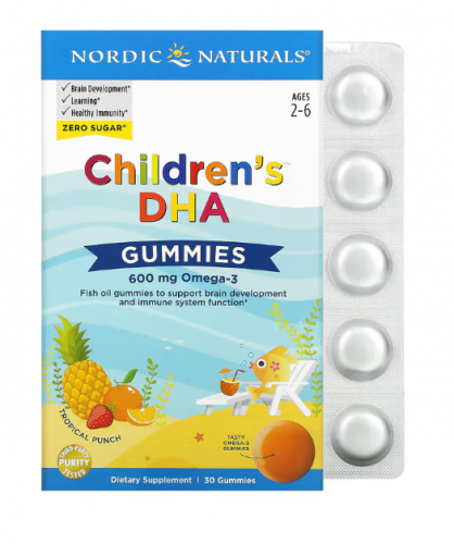 Nordic Naturals, Детские жевательные мармеладки с ДГК, для детей 2–6 лет, тропический пунш, 600 мг, 30 жевательных таблеток
