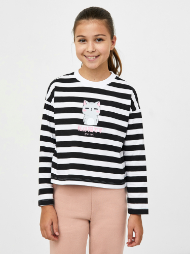 Джемпер в широкую черно-белую полоску с котиком на принте для девочек