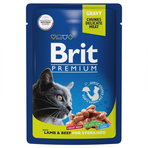 Брит Premium Пауч для взрослых кошек ягненок и говядина в соусе 85г