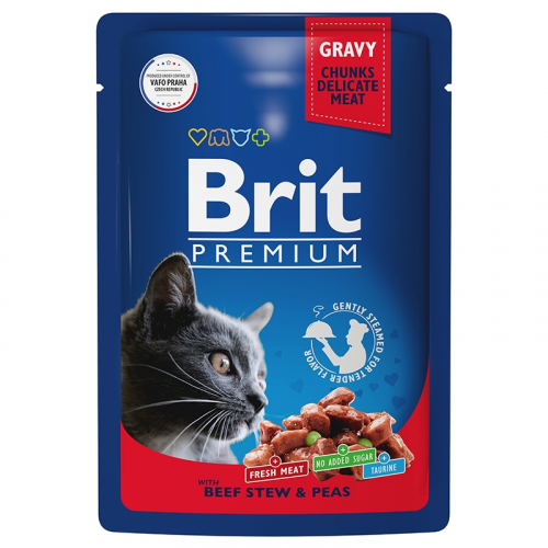 Брит Premium Пауч для взрослых кошек говядина и горошек 85г