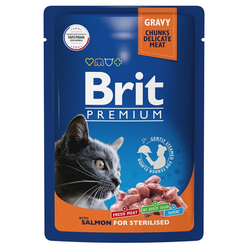 Брит Premium Пауч для взрослых стерилизованных кошек лосось в соусе 85г