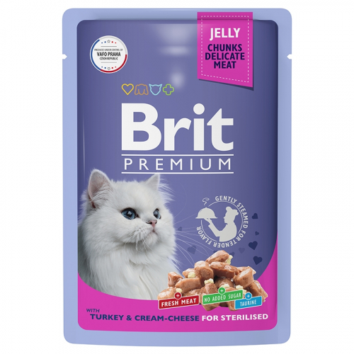 Брит Premium Пауч для взрослых стерилизованных кошек индейка с сыром в желе 85г 