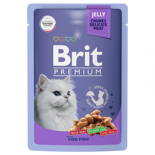 Брит Premium Пауч для взрослых кошек треска в желе 85г 