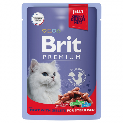Брит Premium Пауч стерилизованных кошек мясное ассорти с потрошками  85г желе