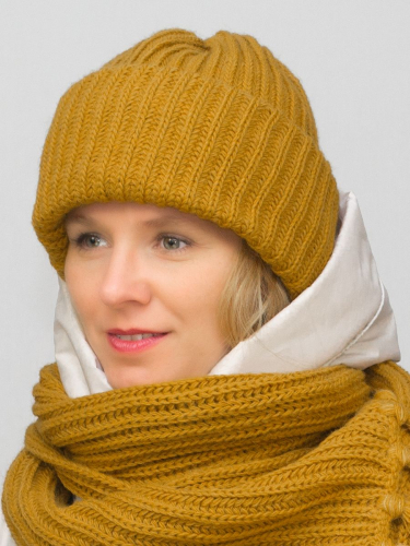Комплект женский весна-осень шапка+шарф Анна (Цвет охра), размер 56-58, шерсть 30%