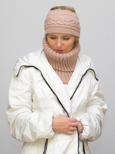 Комплект зимний женский повязка+снуд Маргарита (Цвет темно-пудровый), размер 56-58, шерсть 30%