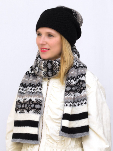 Комплект зимний женский шапка+шарф Авелин (Цвет черный), размер 56-58, шерсть 50% , мохер 30%