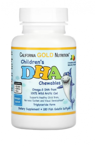 California Gold Nutrition, ДГК для детей в форме жевательных таблеток (из дикой арктической трески), со вкусом клубники и лимона, 180 мягких таблеток из рыбьего желатина