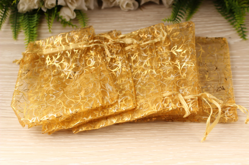 Мешочек подарочный из органзы (золото) с узором, 12*9см, упак.10шт. В наличии