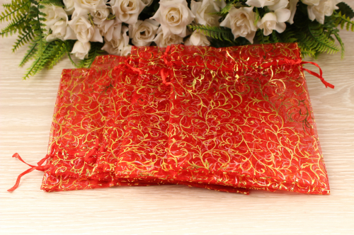Мешочек подарочный из органзы (красный) с узором (золото), 13*16см, упак.10шт. В наличии