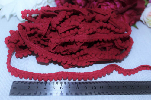 Тесьма с помпонами (насыщенно-бордовый), 10-15мм* 10ярдов(+-1) В наличии