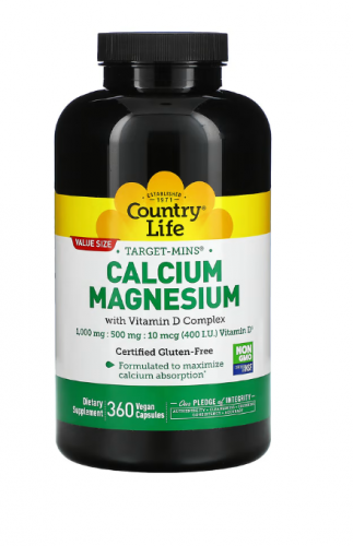 Country Life, Target-Mins, кальций и магний с комплексом витамина D, 360 растительных капсул