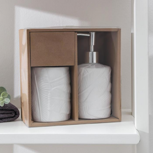 Набор аксессуаров для ванной комнаты «Листва», 2 предмета (дозатор для мыла, стакан), цвет белый