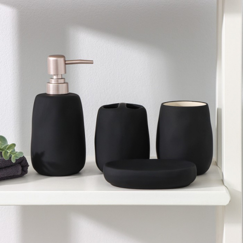 Набор аксессуаров для ванной комнаты SAVANNA Soft, 4 предмета (мыльница, дозатор для мыла 400 мл, 2 стакана), цвет чёрный