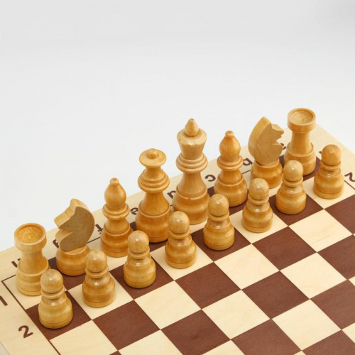 Шахматы турнирные, доска дерево 43 х 43 см, пешка 5.6 см, d-3.4 см, король 11.3 см, d-4 см