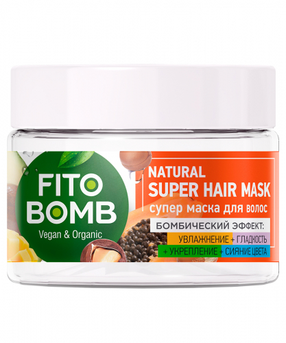 Супер маска для волос FITO-Косметик Увлажнение + Гладкость + Укрепление + Сияние цвета серии Fito Bomb, 250 мл