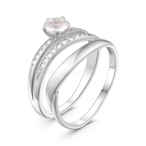 Кольцо двойное из серебра с розовым бриллианитом и фианитами родированное - 2 в 1