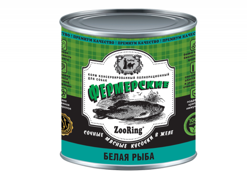 Корм консервированный ZooRing для собак Сочные кусочки мяса в желе Белая рыба, 850 гр 