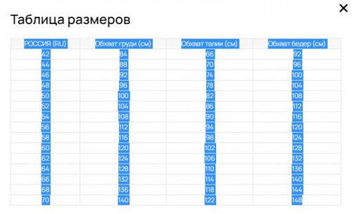 Таблица размеров