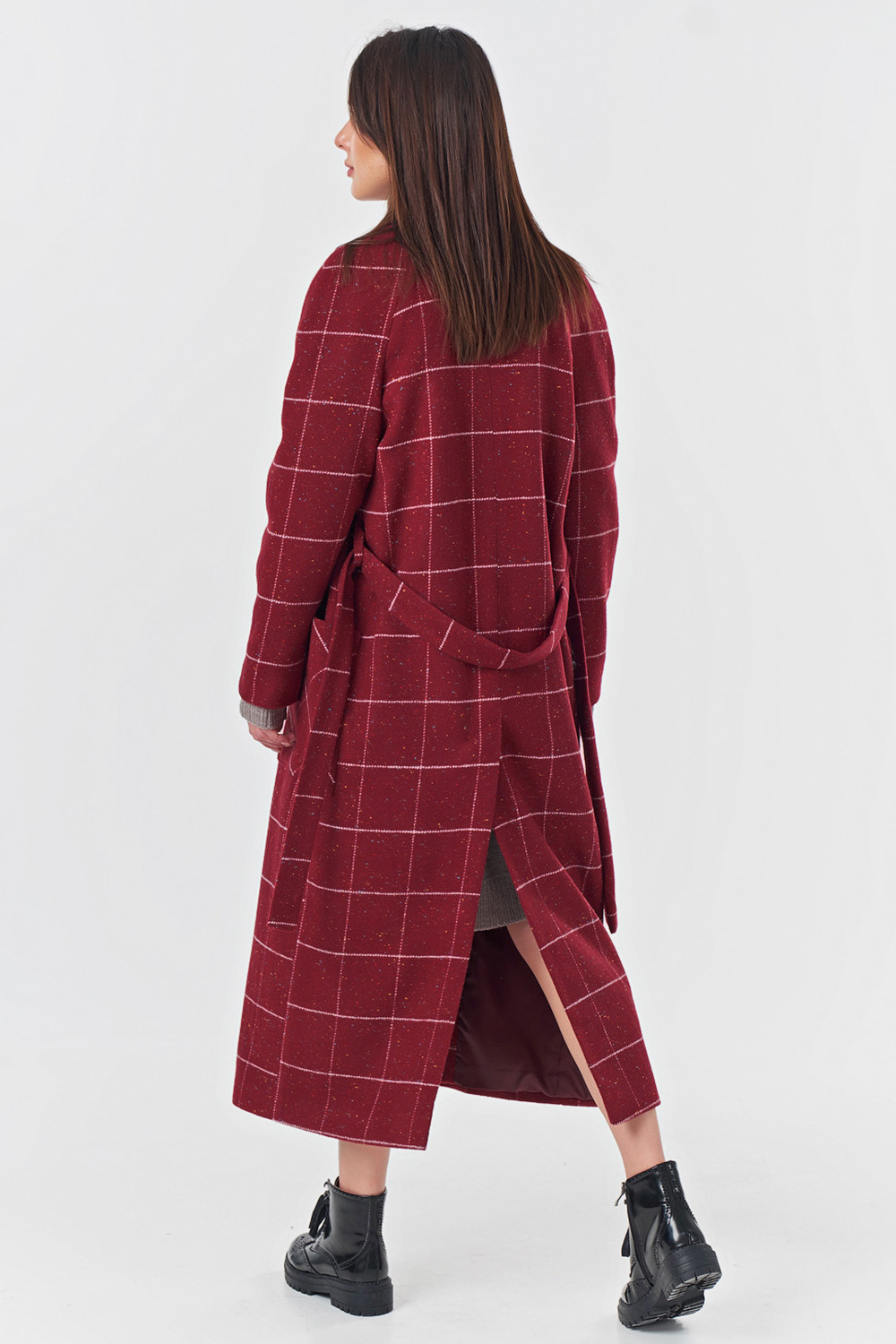 ст. цена6923руб.! Пальто-халат длинное в клетку бордовое
