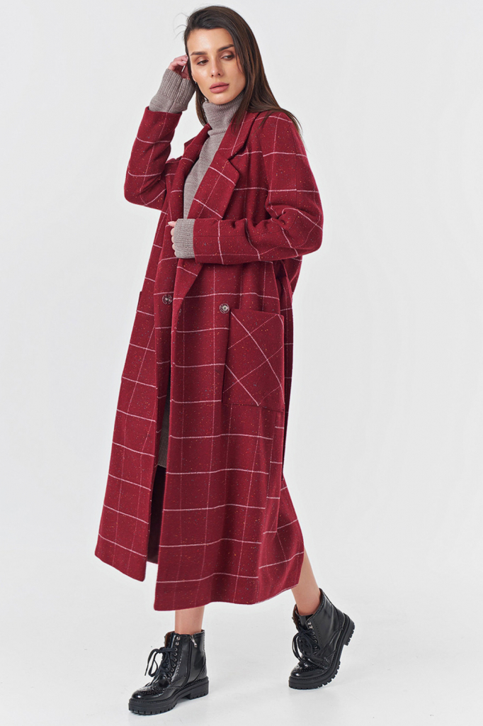 ст. цена6923руб.! Пальто-халат длинное в клетку бордовое