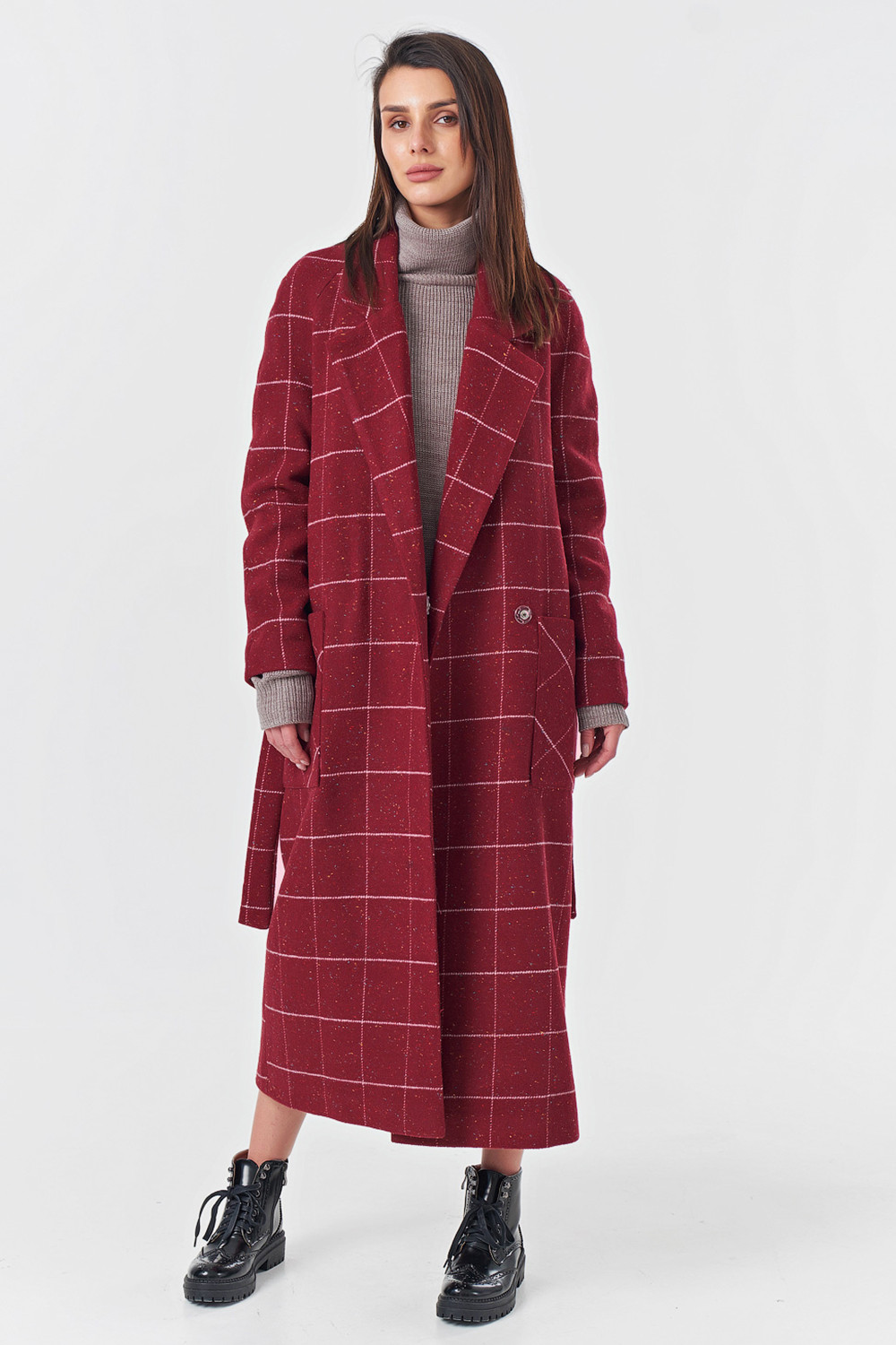 ст. цена6923руб.! Пальто-халат длинное в клетку бордовое