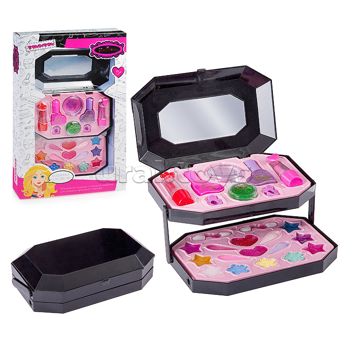 Набор детской декор. косметики Bondibon Eva Moda, BOX 37,5*23*4,5 см; косметичка, 2х-уровневая, раскладная с зеркальцем: блеск для губ 10 оттенков (7г), тени для век 7 оттенков (4,7г), лак для ногтей 2 оттенка (15,6г), помада 2 оттенка (2,4г), 2 заколки,