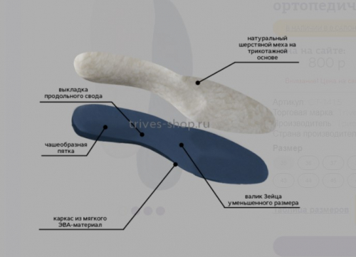 Стельки ортопедические утепленные. Покрытие - натуральный шерстяной мех на трикотажной основе.